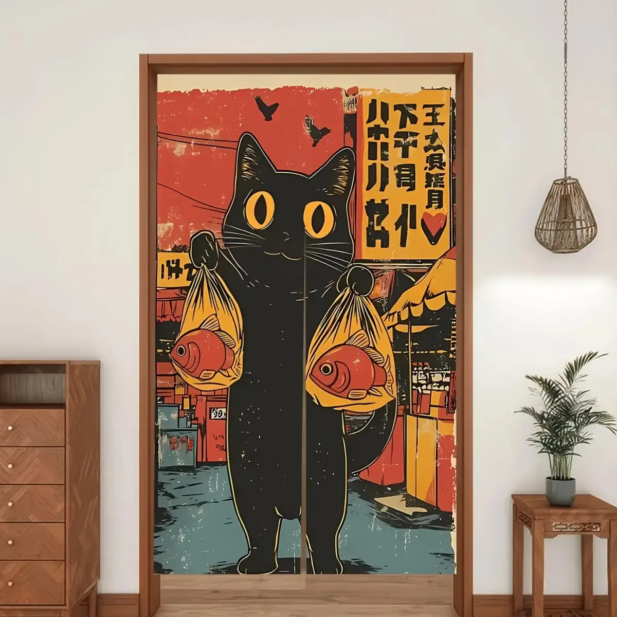 Black Cat Holding Fish Door Curtain Japanese Street Art Decor Retro Style Partition for Home