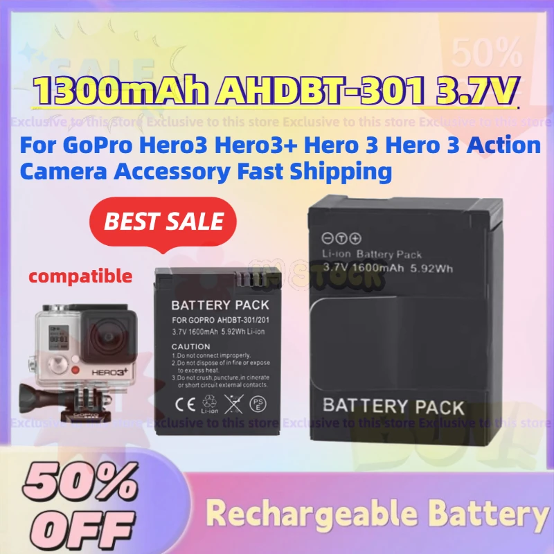 High-Quality 1300mAh AHDBT-301 3.7V Digital Batteries for GoPro Hero3 Hero3+ Hero 3 Hero 3 Action Camera Accessory Fast Shipping