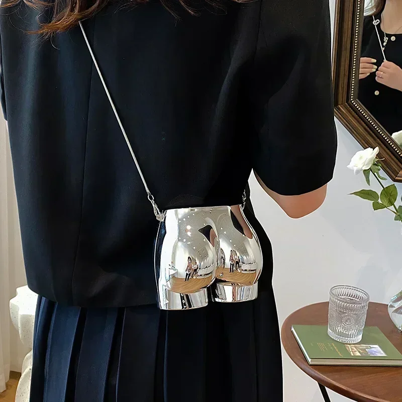 

Silver Lipstick Pouch Women Luxury Evening Bag Headphone Bag Butt Shape Acrylic Chain Shoulder Purses Crossbody Bag