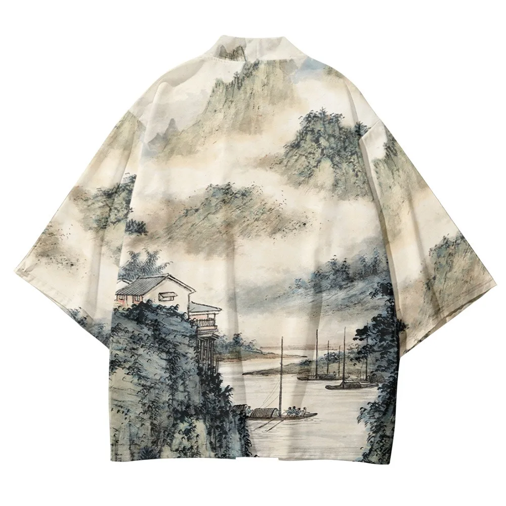 Fashion Kimono Haori Yukata Streetwear Kimono Unisex Tops Landscape Print Robe Beach Bathrobe Cosplay Japanese Harajuku Clothes