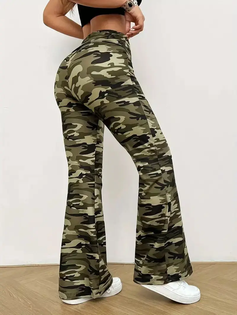 Women's high-waisted camouflage wide-leg pants - casual elastic polyester fiber, knitted fabric, machine washable, sports fitnes