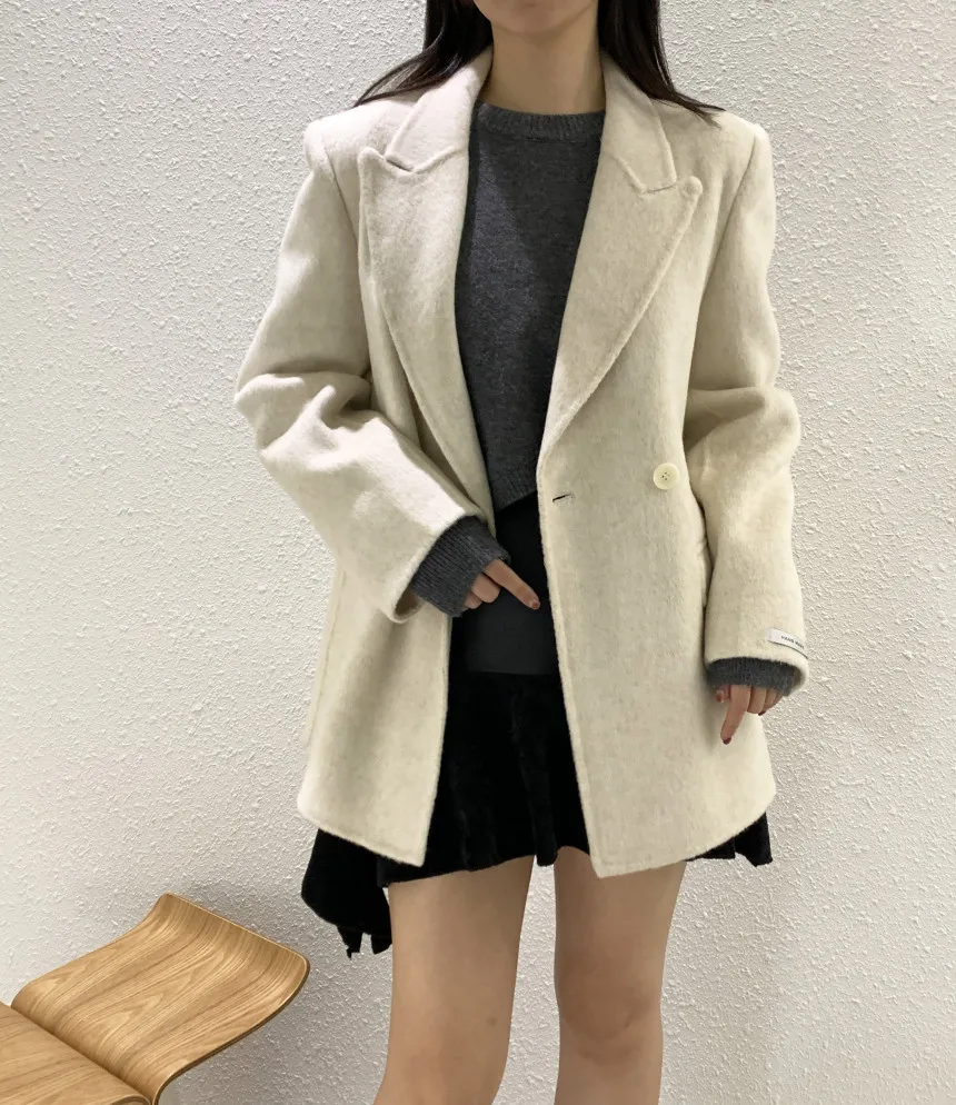 Autumn and Winter New High-end Women's Suit Long-sleeved Woolen Jacket Solid All-match Coat Double-breasted Office Lady Suit Top