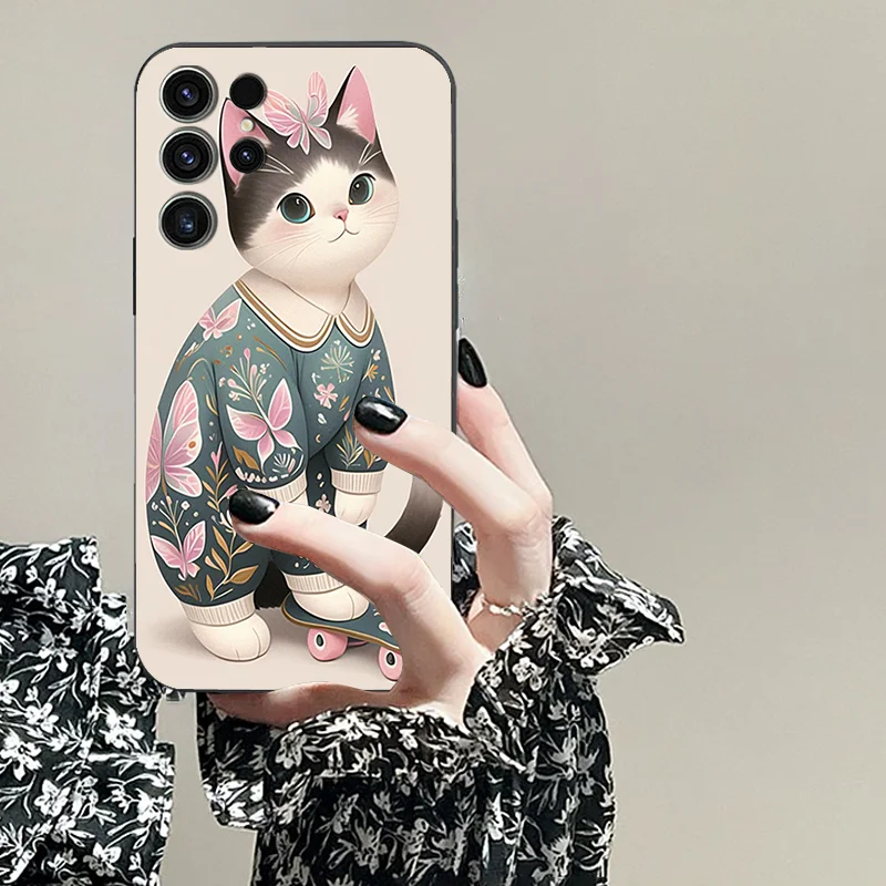 for Samsung S 9 8 10E A 82 32 13 53 14 42 S21ultra M 42 23 54 55 04 15 35 F 52 34 TPU black soft phone case Flower Cat series