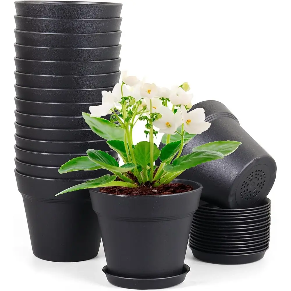 6-inch Plastic Nursery Pots, 16 Pack, Suitable for Indoor and Outdoor Plants, with Drainage Holes and Saucers, Ideal for Seedlin
