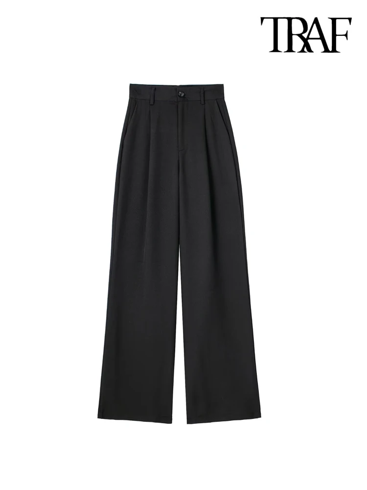 TRAF-Pantaloni da donna con cerniera a vita alta, tasche laterali, abbigliamento da ufficio, pantaloni dritti femminili, moda chic