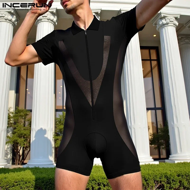 

INCERUN Men Bodysuits Mesh Patchwork Zipper Lapel Short Sleeve Male Rompers Playsuits Sexy See Through Fashion Bodysuit S-3XL