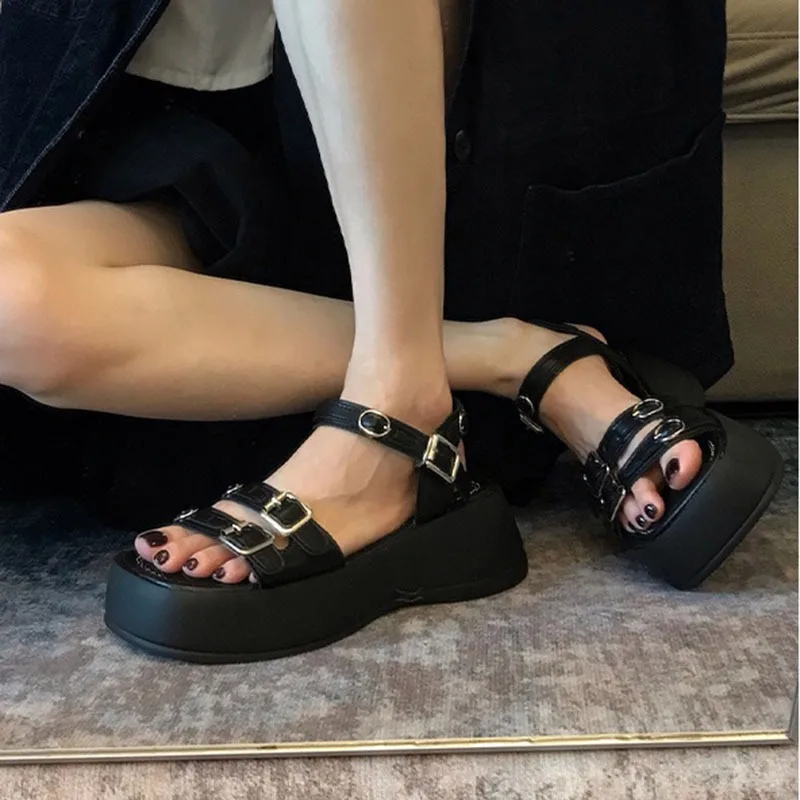 Black Platform Gladiator Sandals Black Block Heels for Women Wedges Shoes Summer Chunky Heeled Sandals Zapatos De Mujer 2024