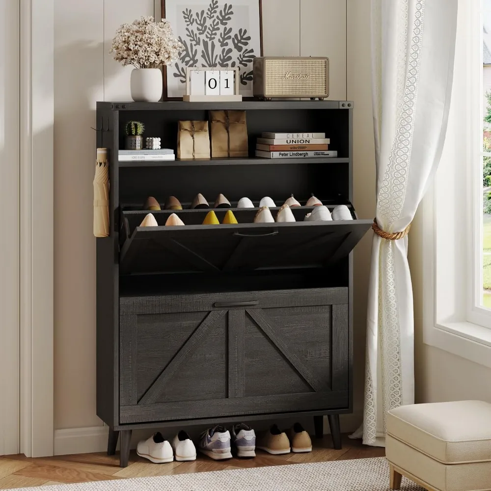 

Shoe Cabinet with 2 Flip Drawers & Open Storage, Farmhouse Shoe Storage Cabinet for Entryway, Freestanding Narrow, Customized