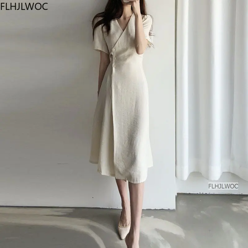 South Korea chic Midi Dress Women Summer Japan Style Retro Vintage Design Solid Button Shirt Dress Cotton Linen Flhjlwoc Vestido