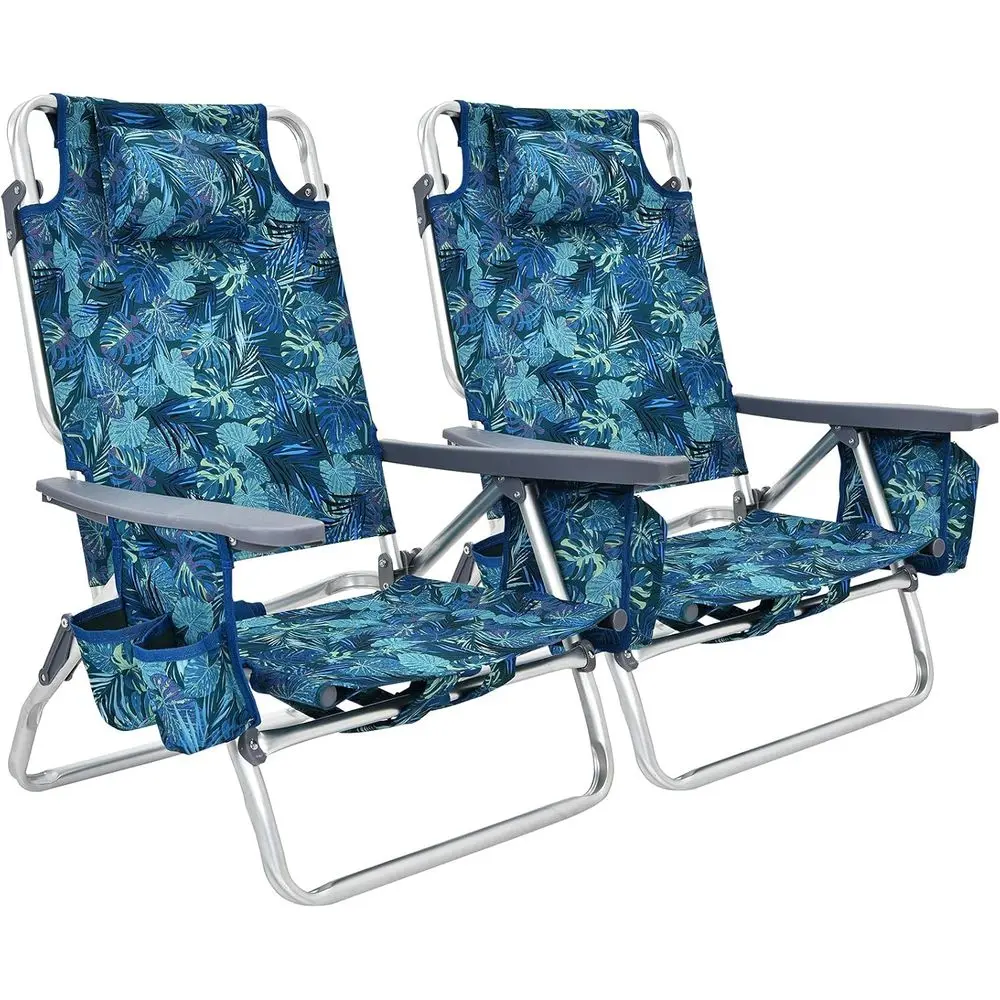 

Portable 2-Piece Beach Chairs with Cup Holder, Ice Bag, Adjustable Recliners for Outdoors, Supports 300 lbs, Navy Blue