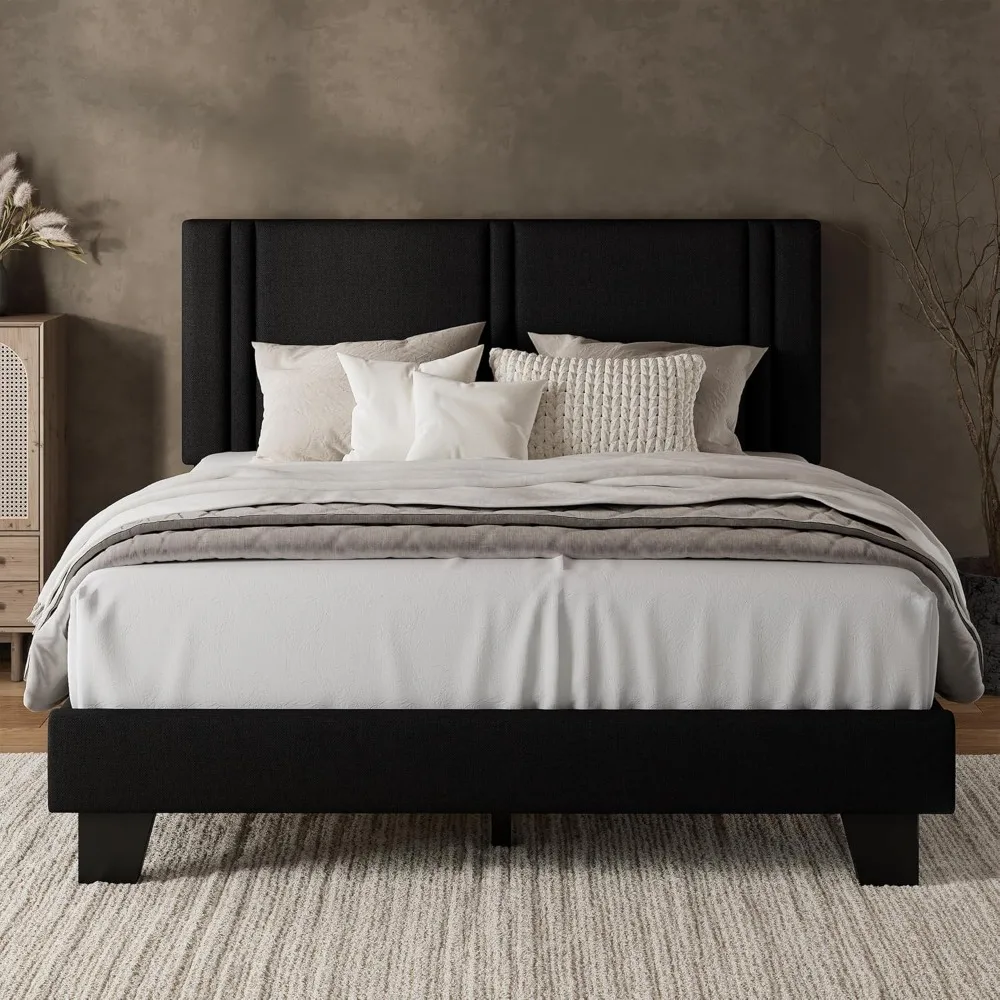 

Queen Platform Bed Frame with Fabric Upholstered Headboard & Thickened Legs, Mattress Foundation with Solid Wooden Slats