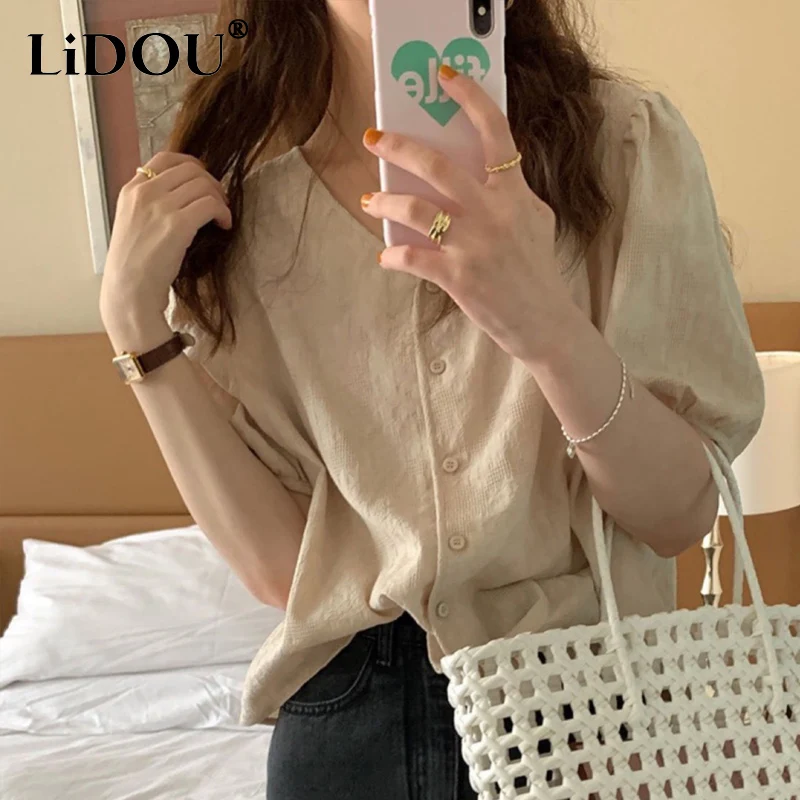 

Senior French Style Vintage V-neck Solid Color Single Breasted Temperament Tops Women Fashion Elegant Puff Sleeve Cotton Shirt