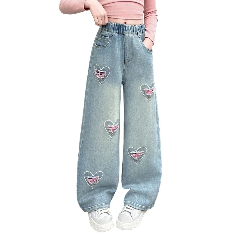 Teen Girls Jeans Love Fashion Children Trousers Autumn Girls Denim Wide Leg Pants 5 6 7 8 9 10 11 12 13 14 Years Kids Clothes