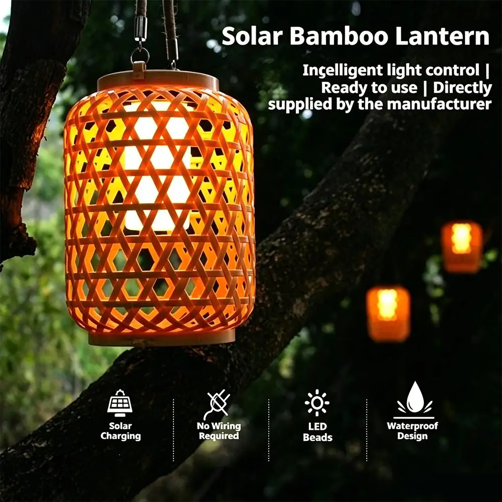 1PC Solar Imitation Bamboo Lantern Outdoor Waterproof Plastic Rattan Lantern Courtyard Decoration Garden Light