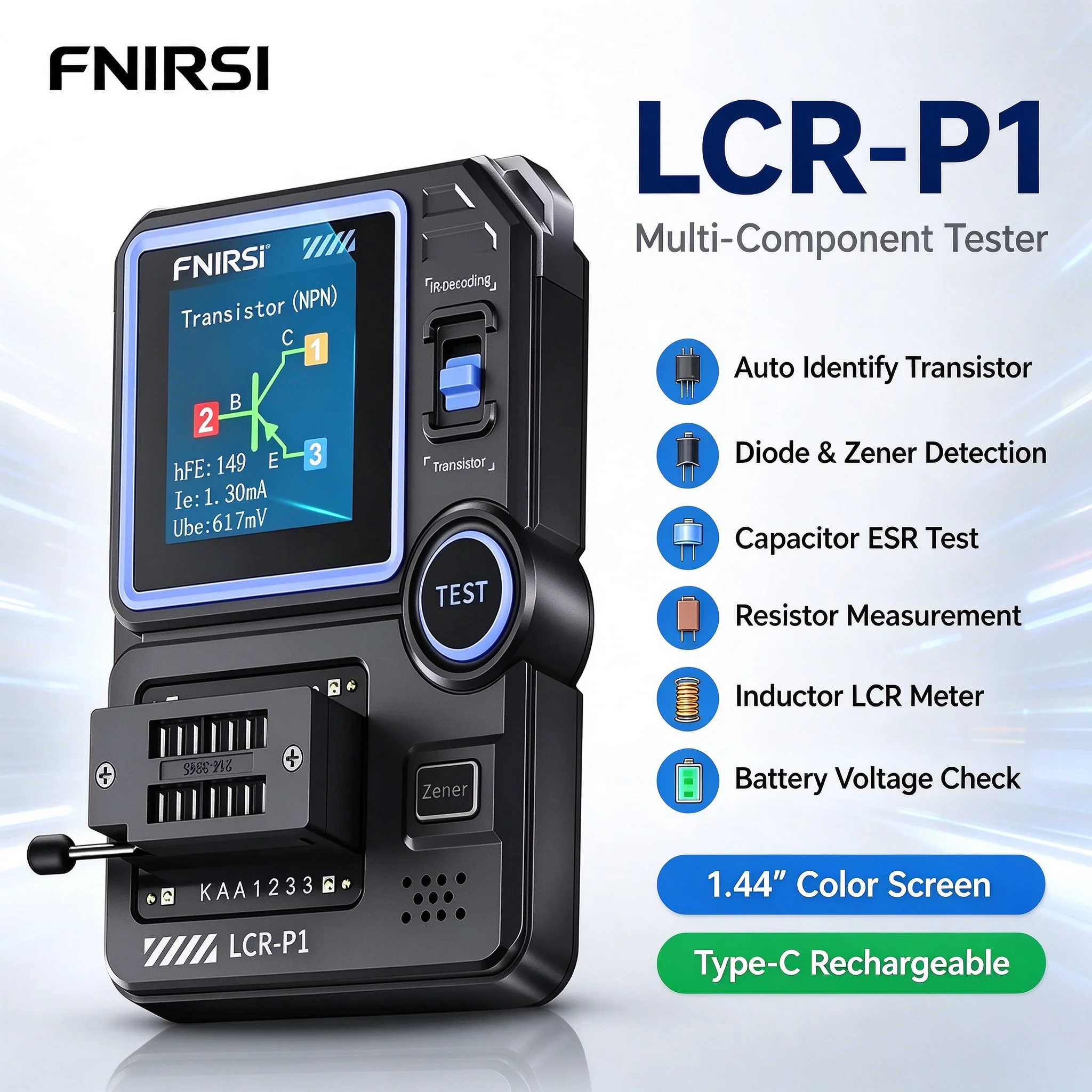 LCR-P1 Transistor Tester LCR Meter Auto Identify NPN PNP 1.44in Screen Diode Zener MOSFET Capacitor ESR USB-C for Repair
