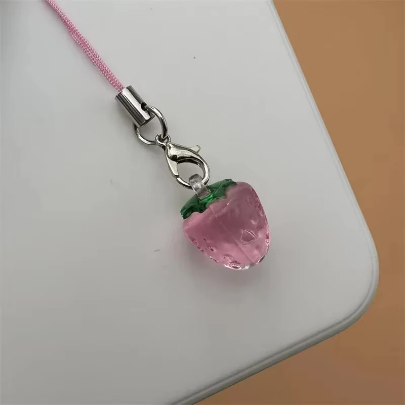 Cute Strawberry Phone Charms Resin Pendant with Created Accents Mini Fruit Charm Keychain Lanyard Accessories Christmas Gifts