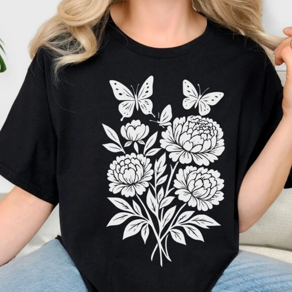

Flower Shirt Retro Block Print Peony T-Shirt Boho Botanical Tshirt Cottagecore Tee Vintage Floral Gift Women Summer Casual Tops