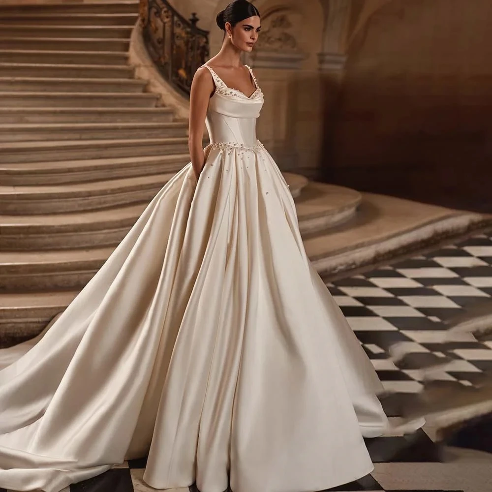 Pérolas personalizadas a linha vestidos de casamento cintas de espaguete vestido de noiva sem costas vestidos de noiva vestido de novia