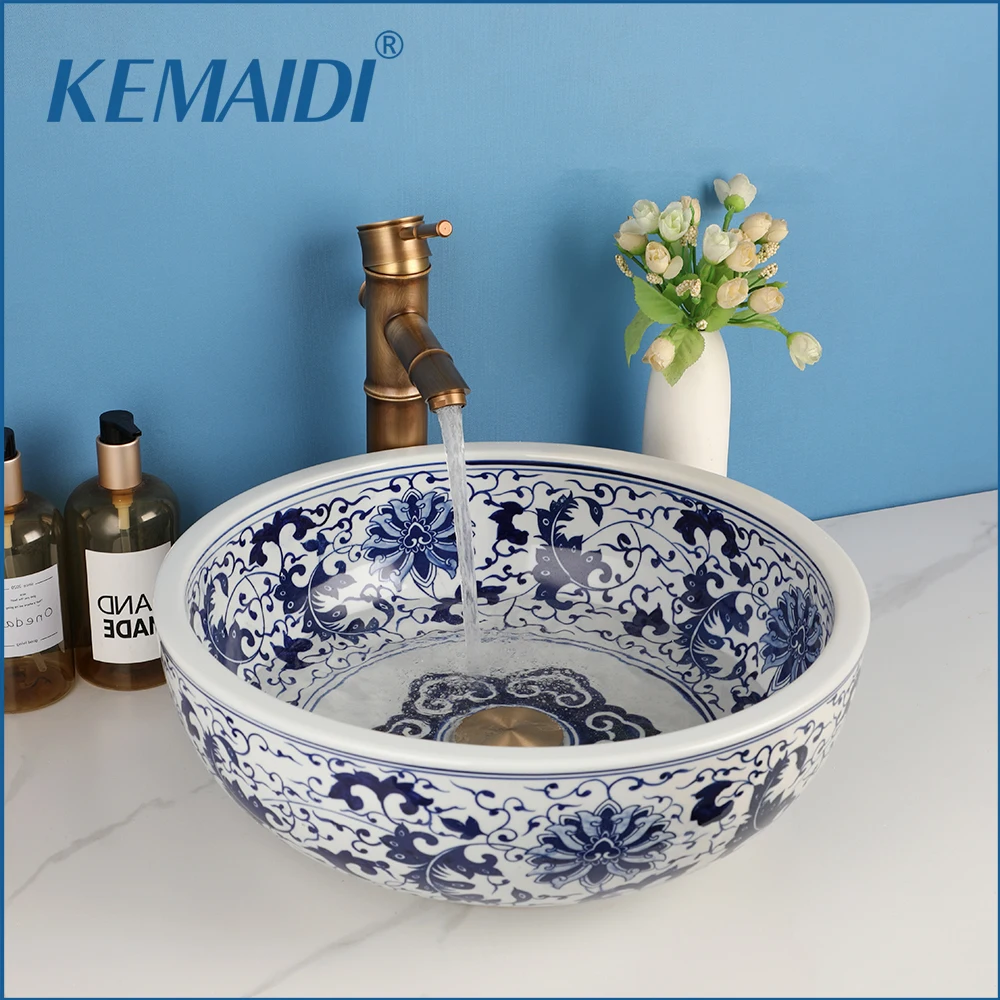 KEMAIDI Bathroom Bar Vanity Vessel Sink Faucet Combo White and Blue Above Counter Round Bowl Jindezhen Ceramic Countertop Sink