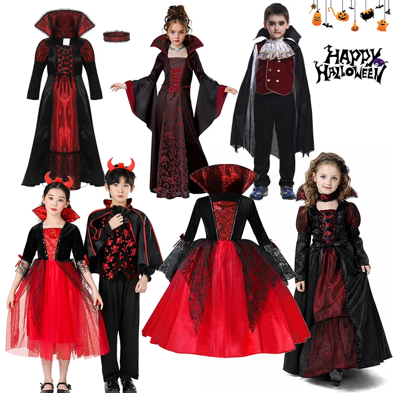 Kids Vampire Halloween Costume Boys Girls Multi‑Style Gothic Black‑Red Dress Cape Holiday Party Fancy Dress Cosplay Outfit