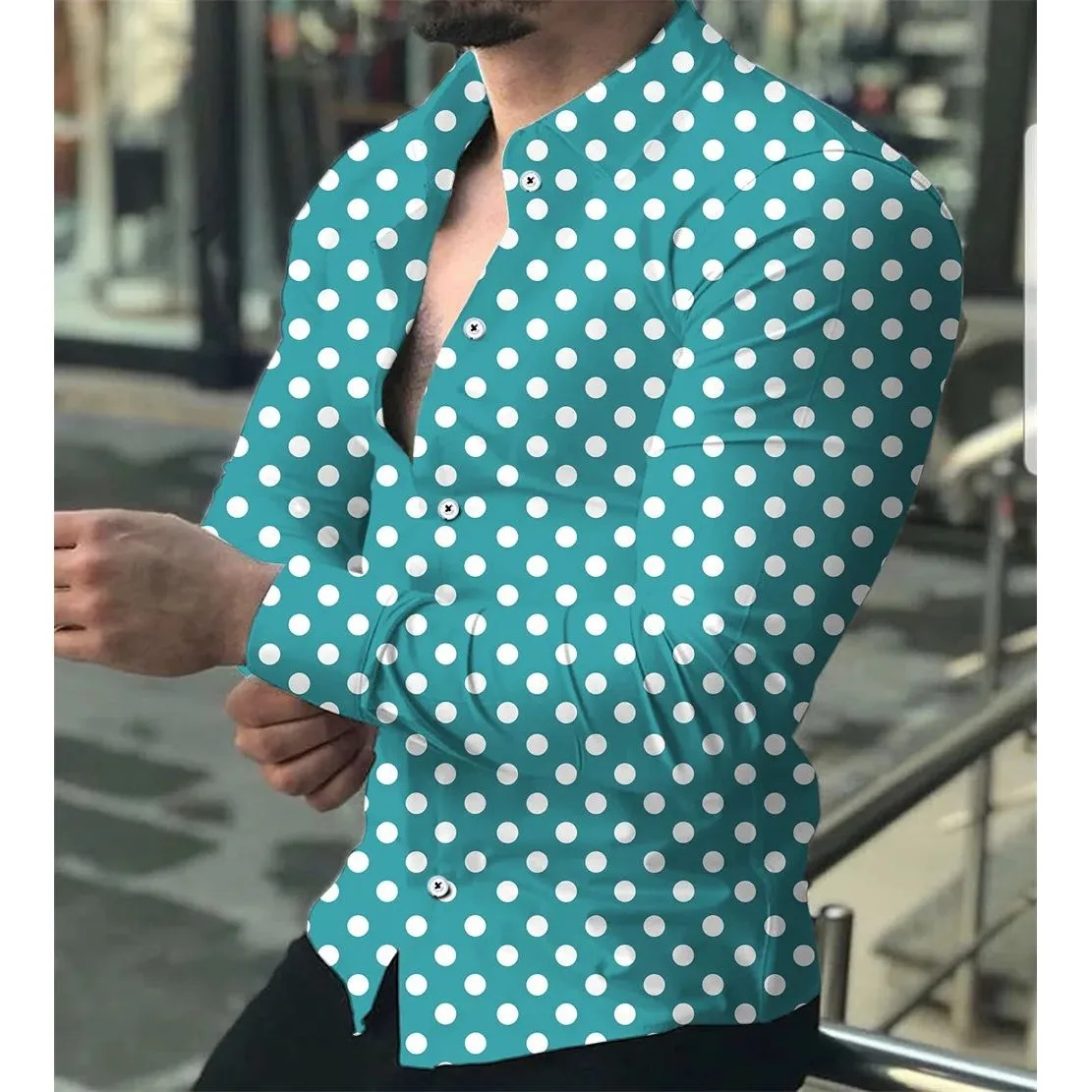 Men's Polka Dot Hawaiian Shirt Button up Long Sleeve Thickened Fleece Lapel  Neck Autumn Fashion Casual Shirt
