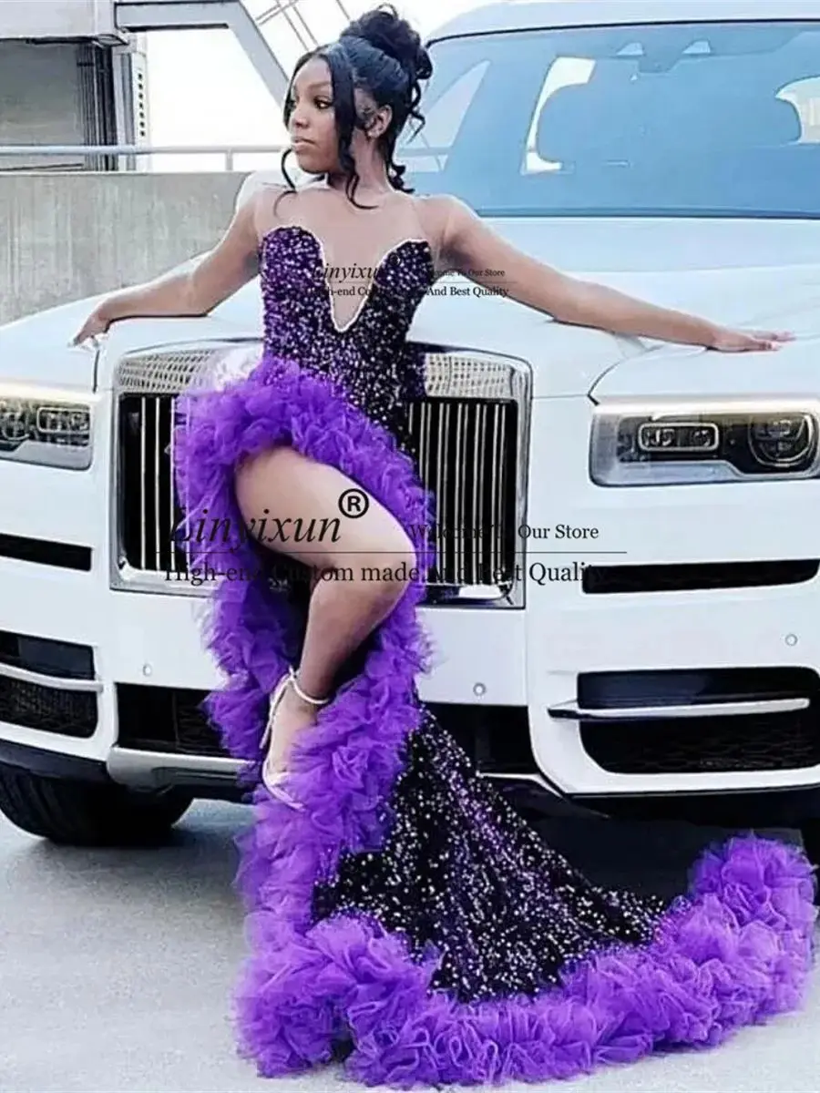 반짝이 보라색 스팽글 인어 무도회 드레스, 프릴 섹시한 쉬어 넥, 블랙 소녀 생일 저녁 파티, 아소 에비 사이드 슬릿 가운