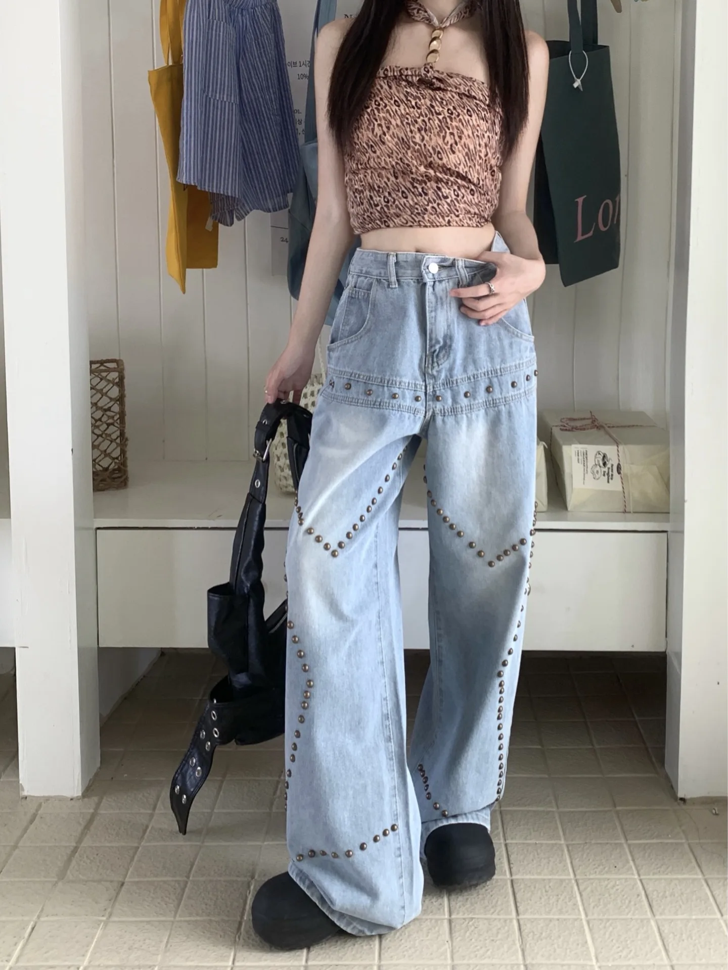 High Street Retro Washed Vintage Jeans with Straight Leg Design for Women and Wide Leg Pants
