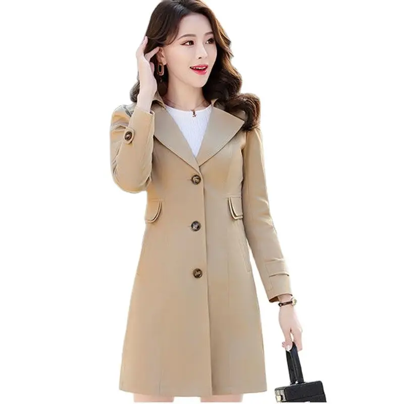 

2023 New Windbreaker Women's Mid-length Slim Korean Style Coat Spring And Autumn Loose All-match Casual Solid Color Top Women5XL