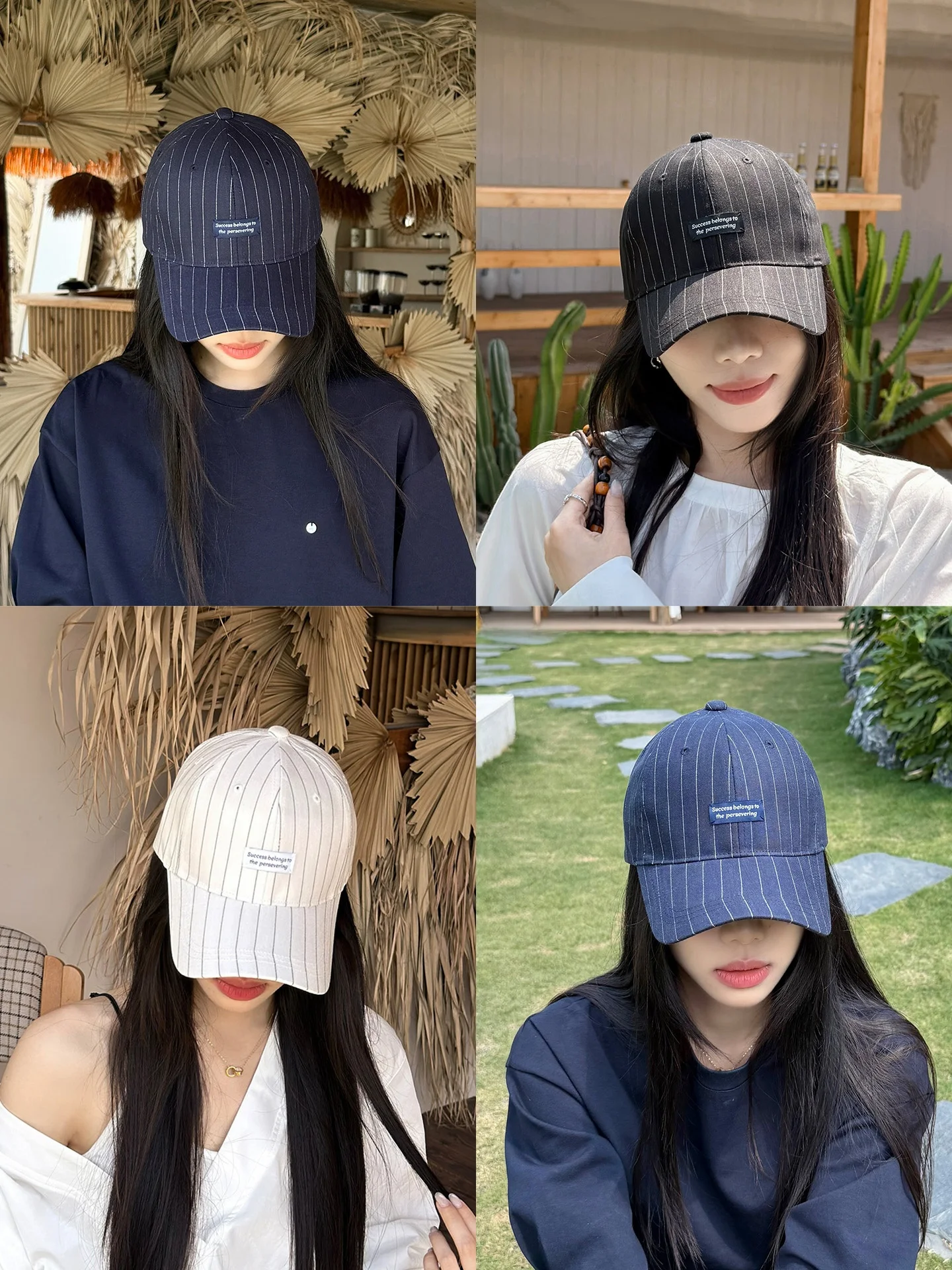 korean-style-simple-striped-baseball-cap-spring-summer-thin-hard-top-skull-adjustment-ladies-cap-magic-tape-buckle-casual-hat