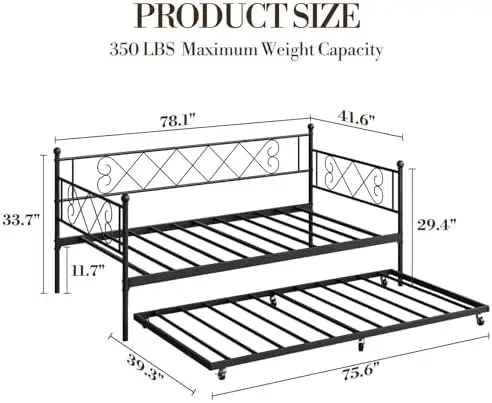 Twin Daybed with Trundle, Metal Frame Rolling Guest Bed | Designed for bedrooms, kids rooms, guest spaces, dorms &