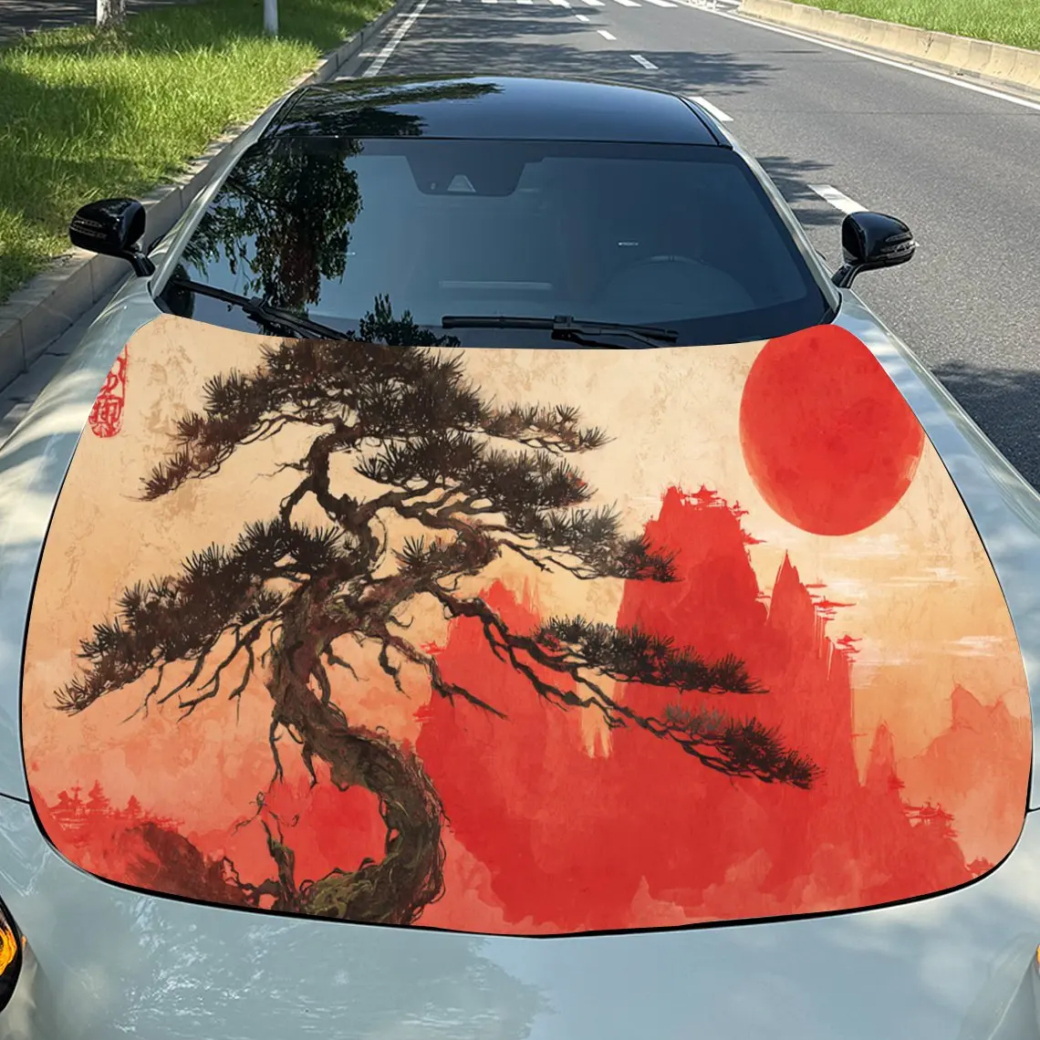 

Elegant - Style Red Japanese Landscape PVC Car Engine Hood Vinyl Wraps, Self-Adhesive Waterproof Car Hood Decal Sticker, Car Dec