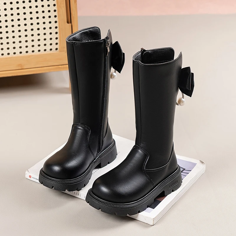 Mumoresip Kids Winter Plush Boots Princess Bow Pearl Decor Girls Outdoor Long Boots Thick Soled Fashion Children Warm High Boots