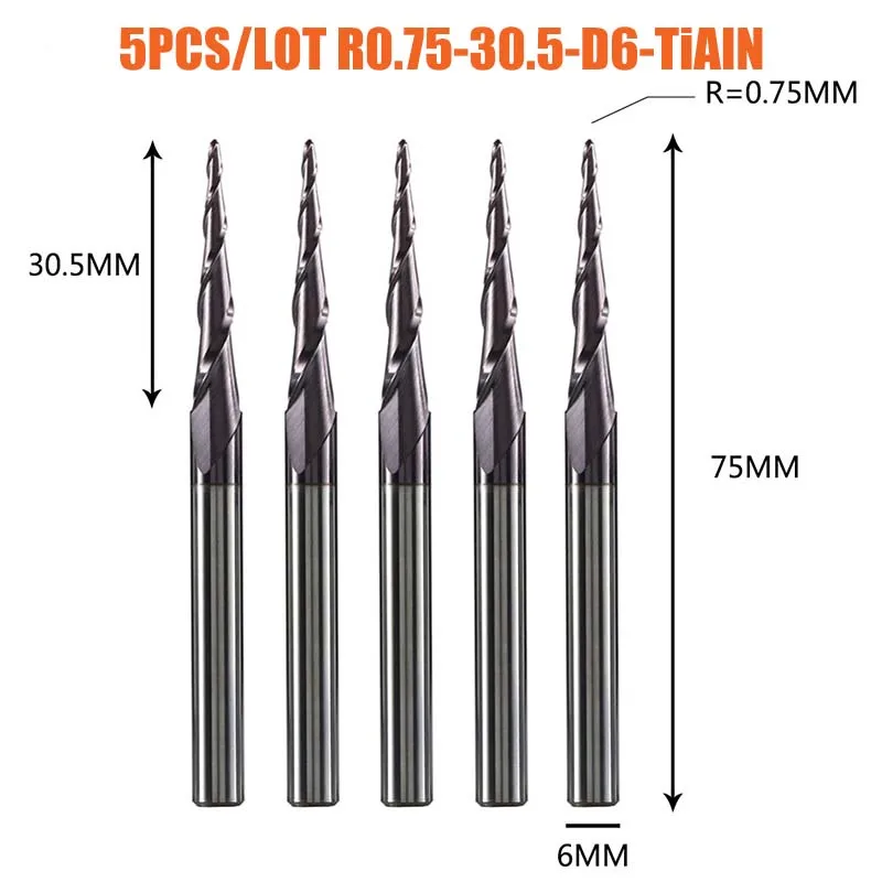 Dreanique 5 stuks/verpakking 4 6mm schacht 2 snijkanten hardmetaal volhardmetaal conische bolkop CNC graveerfrees frees voor hout en metaal
