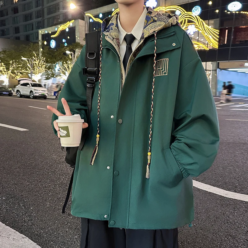 

Loose Fit Men's Jaet with Hood Fake Two-Piece Sle Youthful Trendy Chinese National Sle Casual Outerwear for Students