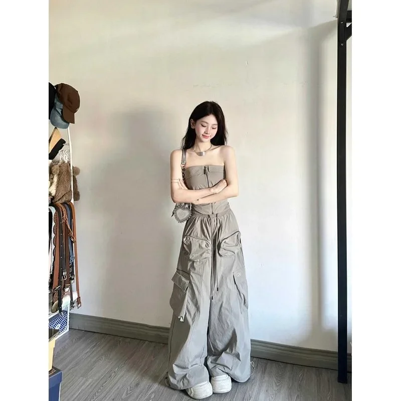 

Sweet Hot Girl Casual Suit Women's Summer Strapless Top High Waist Loose Wide Leg Pants Two-piece Set Fashion Female Clothes