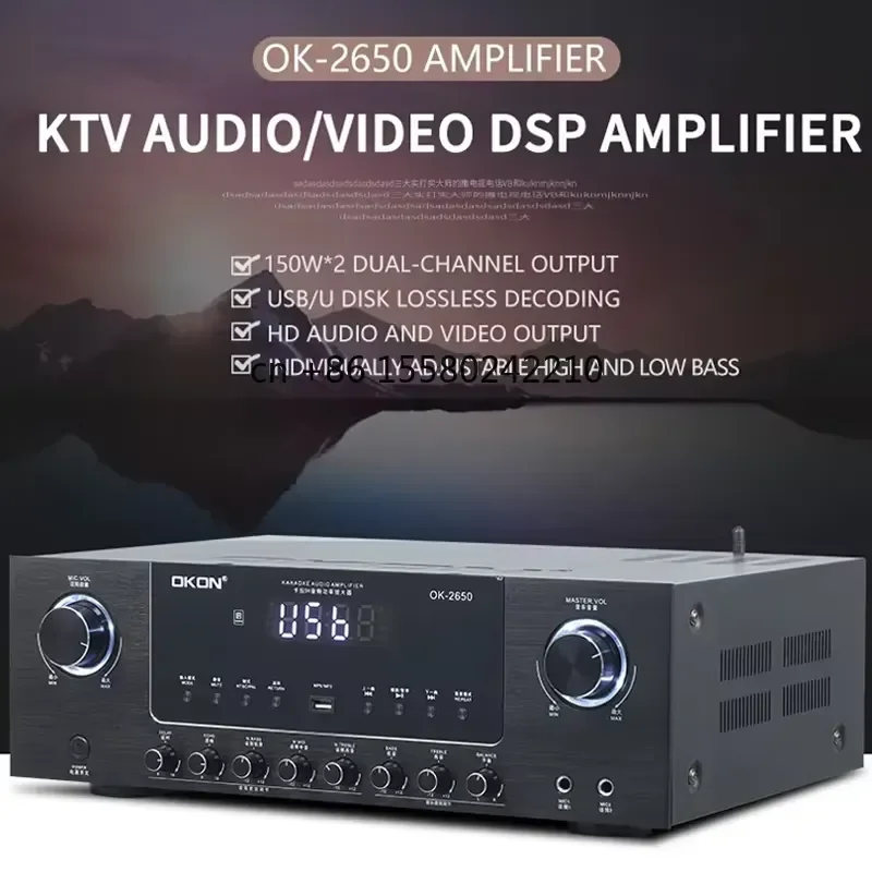 Home KTV Karaoke Power Amplifier with DSP 2.0 Channel Audio Receiver Supports USB Bt Function for Metal