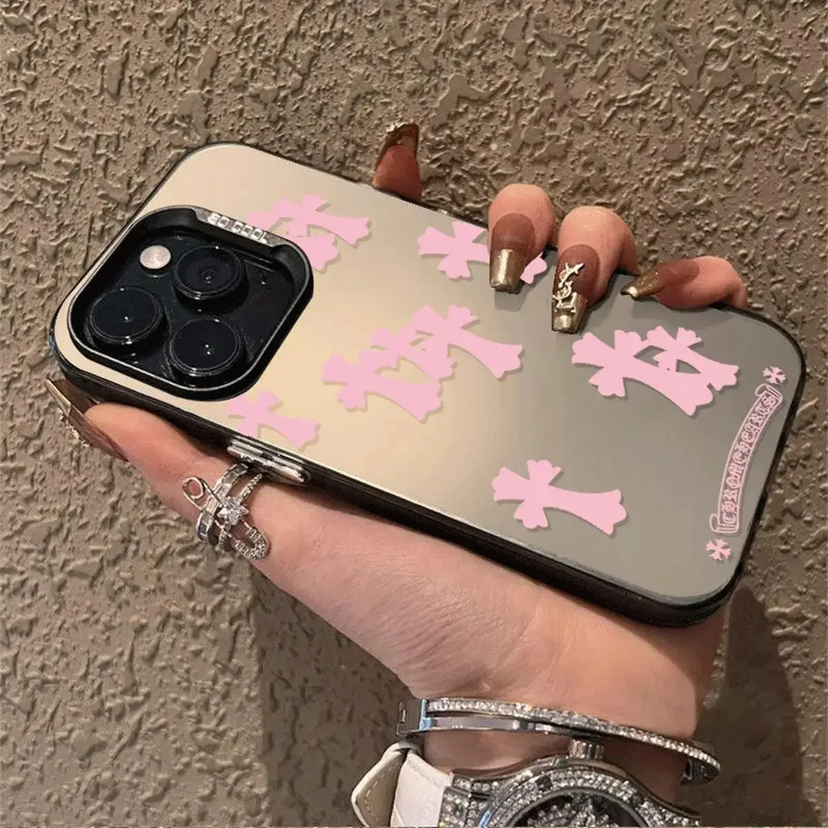 Luxury Pink Cross Colorful Silver Phone Case For iPhone 15 14 13 12 11 Pro Max XR XS MAX 7 8 Plus Y2K Pink Frosted Hard Cover