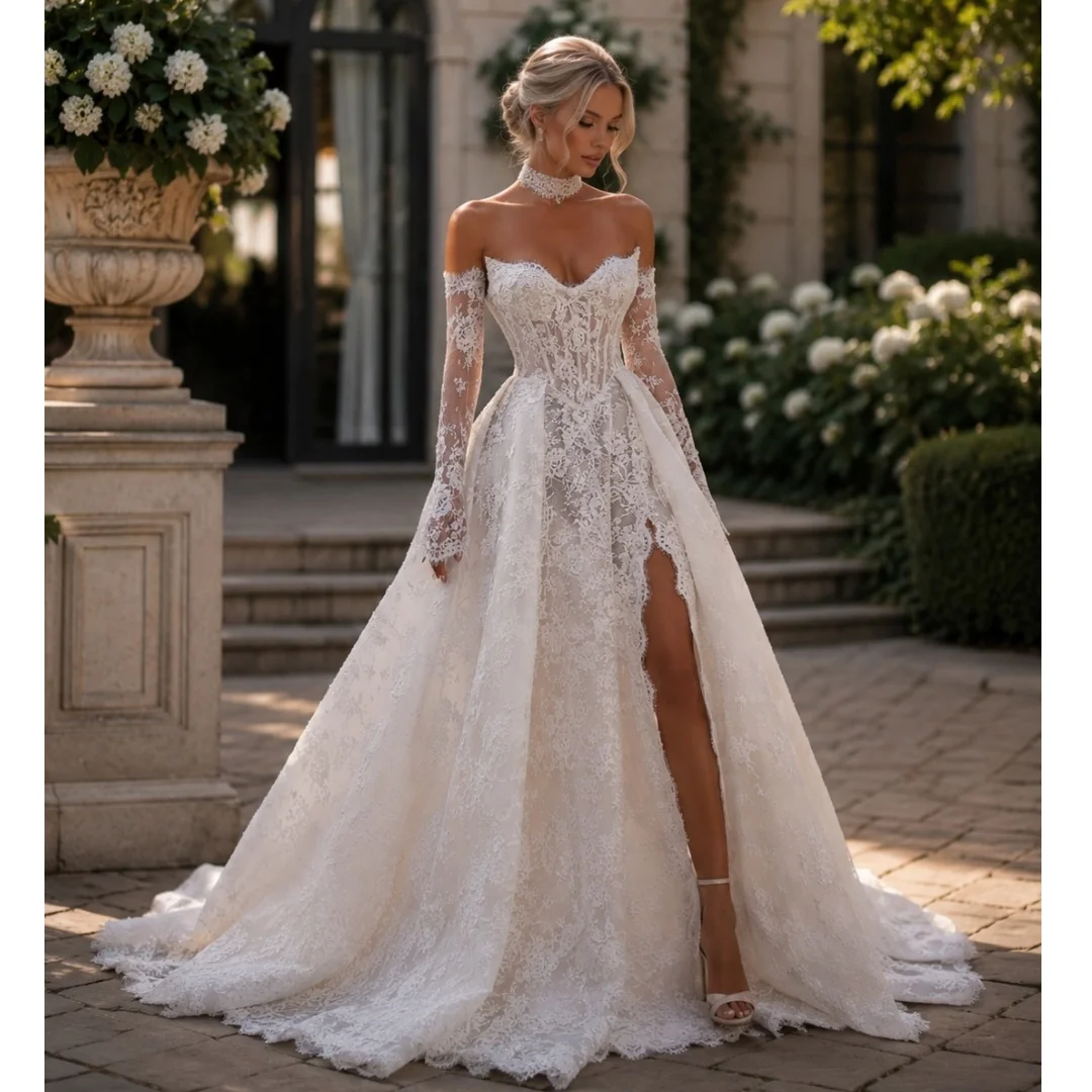 Lace Corset Wedding Dresses A Line Side Slit Bridal Gown Removable Sleeves Floor Length robe de mariée Customized