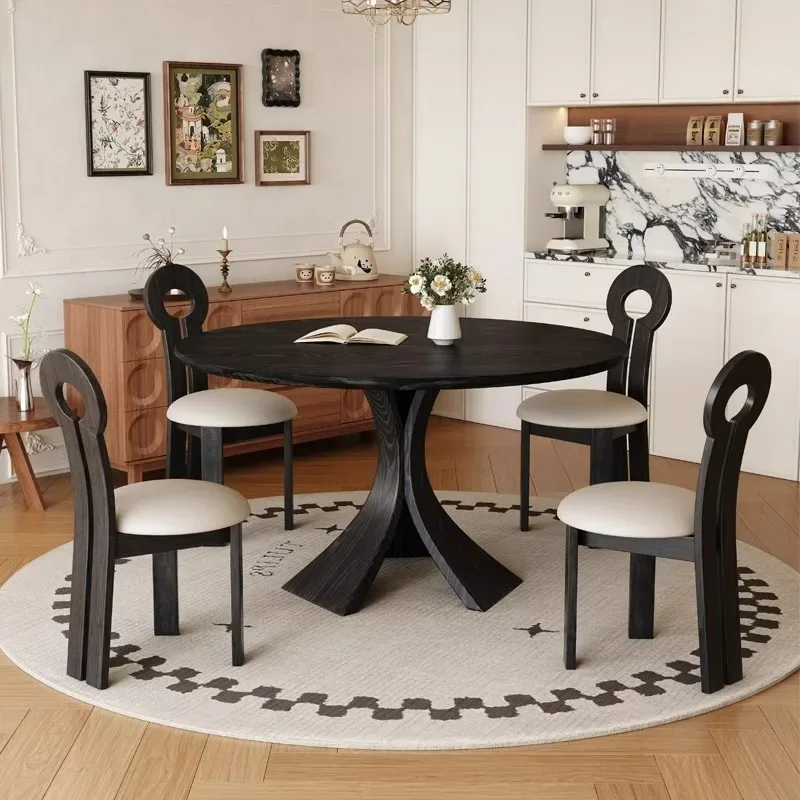 Vintage ash wood round table, French solid wood dining table