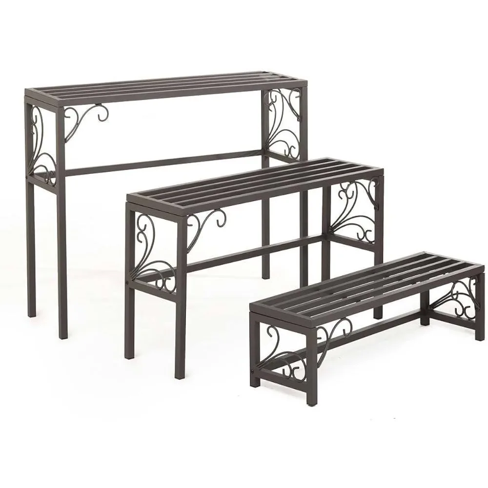 Nesting Potted Plant Stands, Set of 3, Tubular Steel, Powder-Coated Gunmetal Finish, Largest Is 35¾ in W x 11 in D x 29½ in H