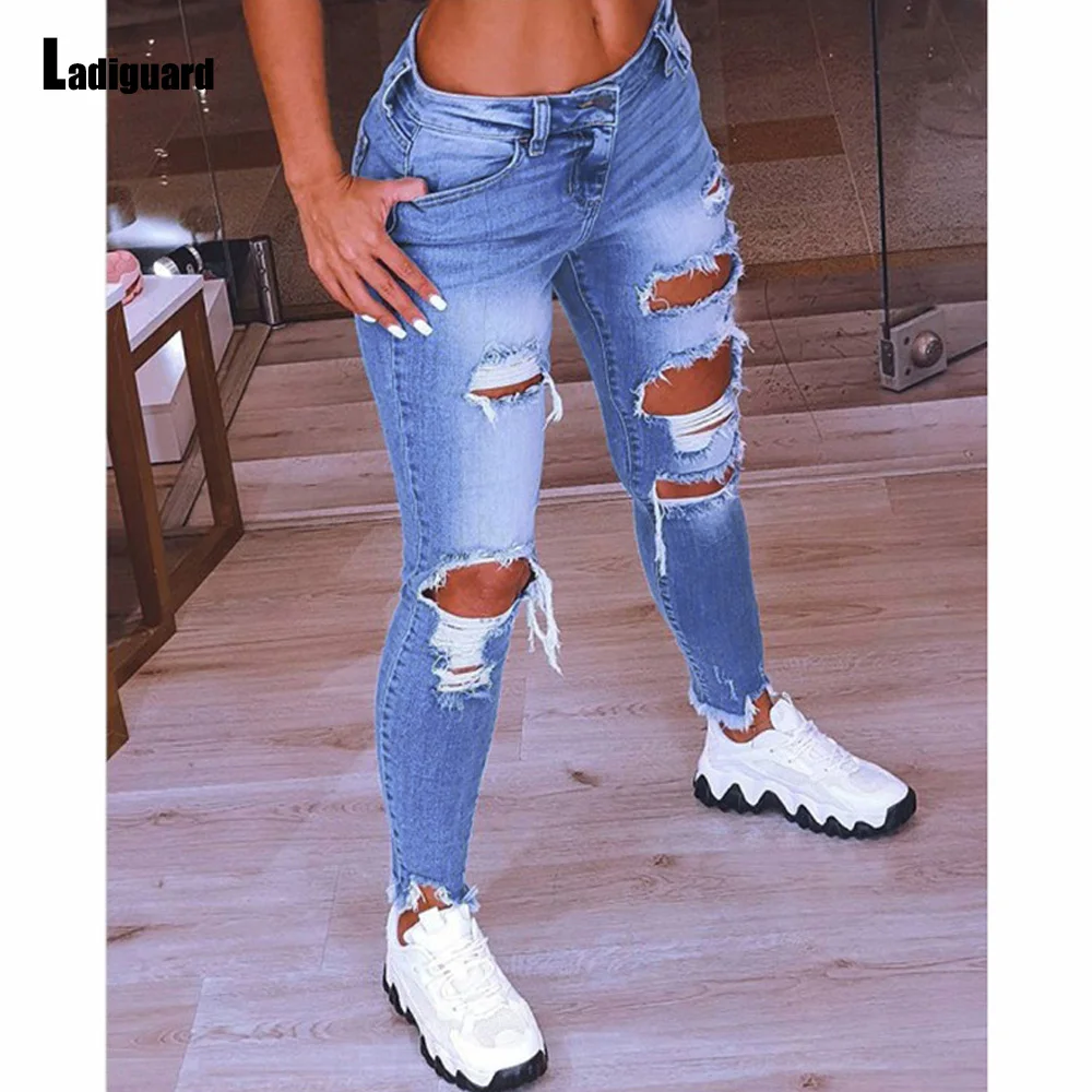 Large Big 5XL Women Sexy Hole Ripped Jeans Demin Pants 2023 Spring Femme Mid Cut Jean Bottom Womens Elastic Waist Denim Trousers