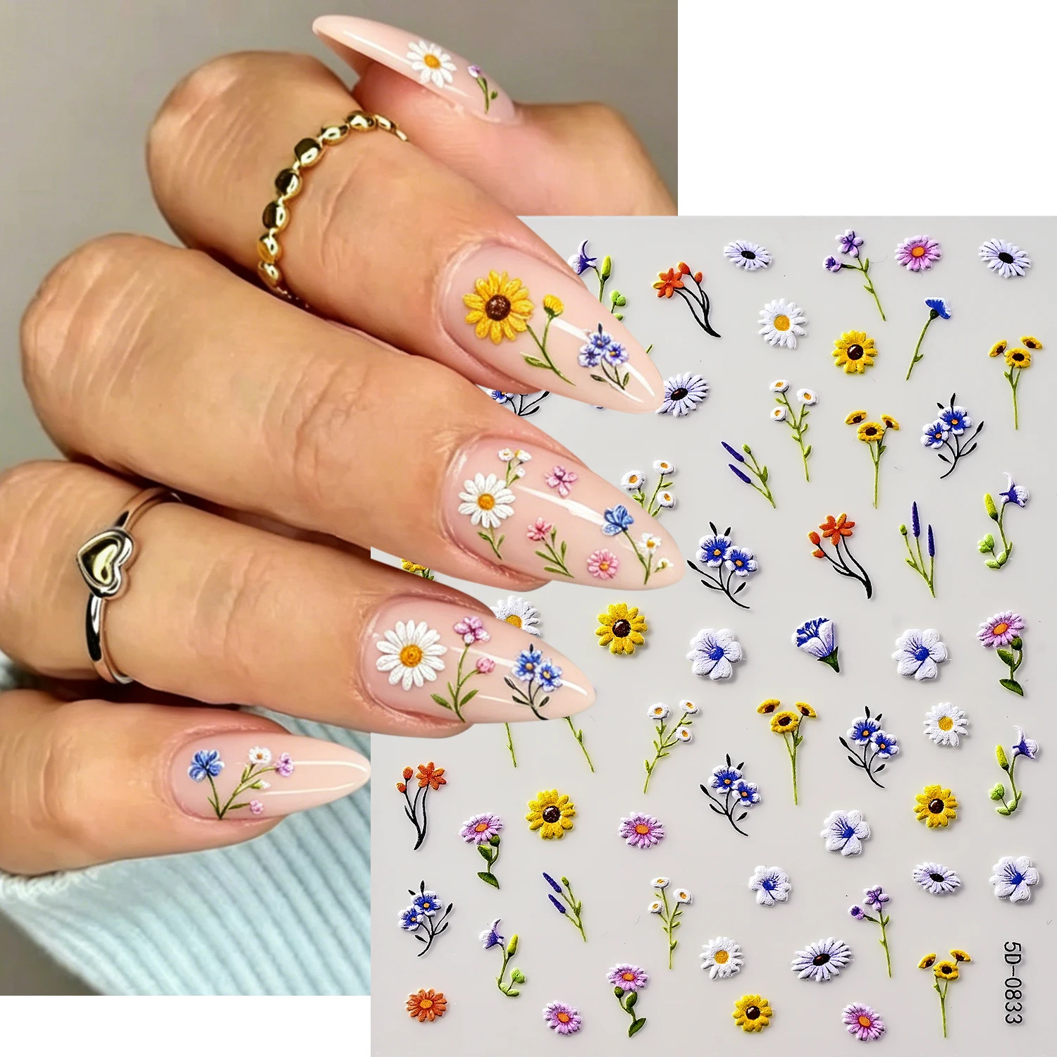 1Pcs 5D Embossed Daisy Wildflower Nail Stickers Multicolor Floral Self Adhesive Nails Decals Spring Summer Flower Manicure Decor