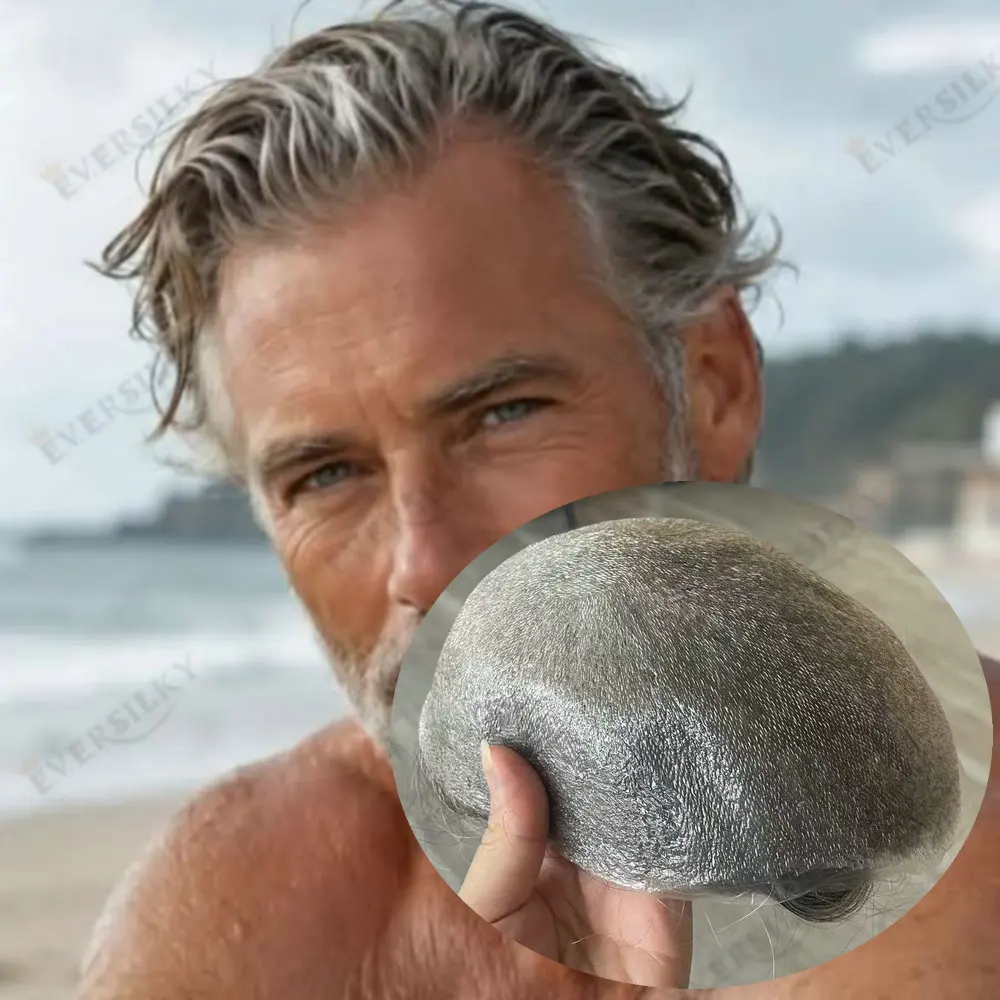 Men's Ultra-Thin 0.02mm Skin Toupee 1b65 1b40 550#Gray Human Hair Replacement Prosthesis 80% Density Invisible Hairline Men Wig