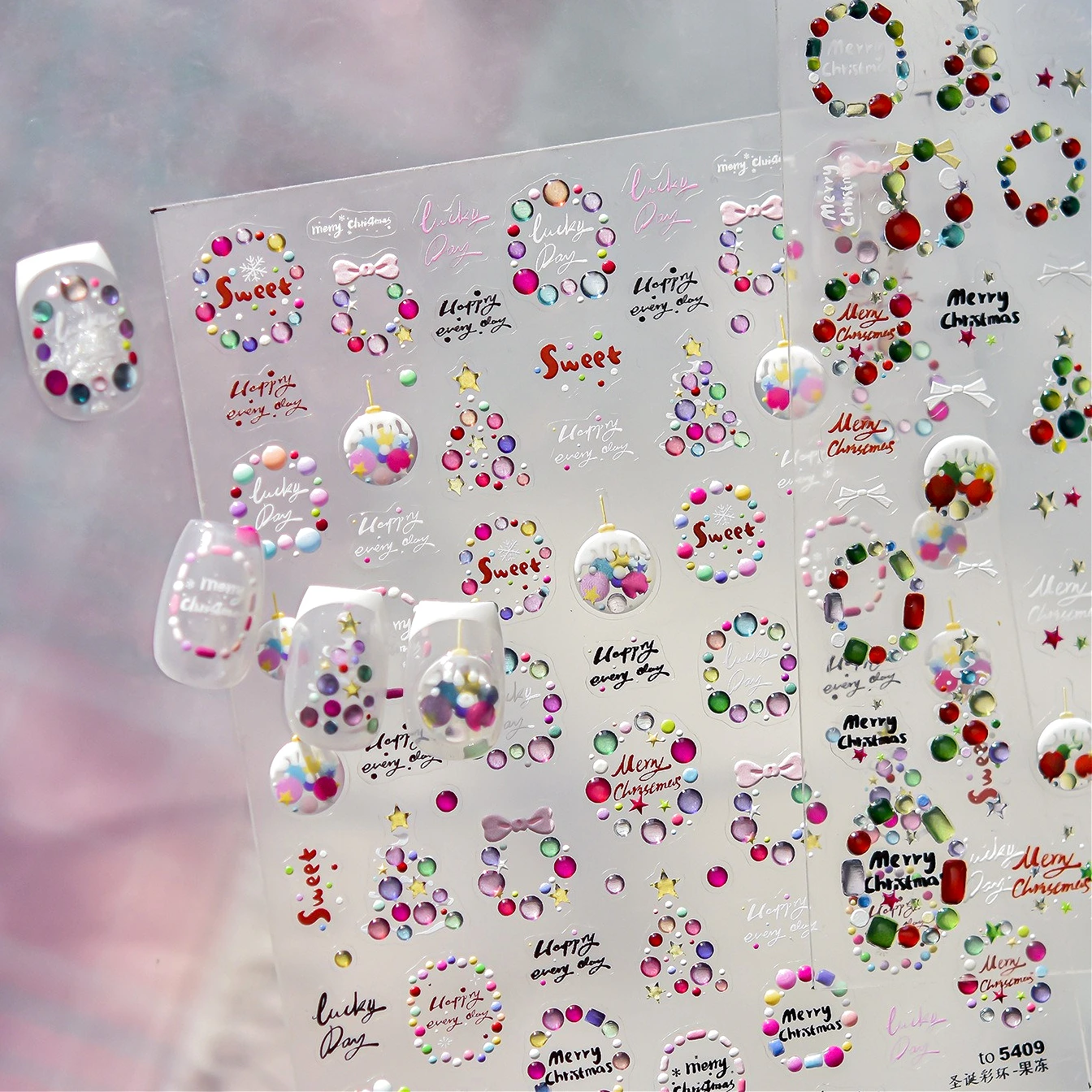 Gelatina Ghirlanda di Natale Bowknot Nastro colorato con sfera di cristallo Babbo Natale Fiocco di neve Pupazzo di neve Albero Inverno Nail Art Stickers Decalcomanie