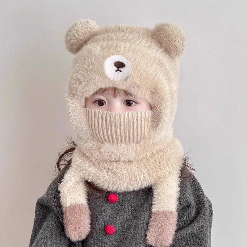 

Cute Children's Plush Knitted Hat with Integrated Scarf, Thickened for Winter, Ear Protection, and Squeaky Pull-on Design