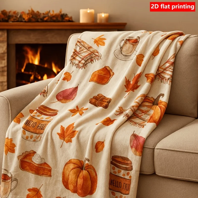 1 Piece of Autumn Pumpkin and maple leaf Pattern Soft and Comfortable Flannel Blanket, a Holiday Gift for Thanksgiving, Christma