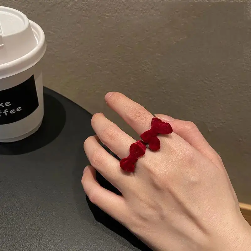 Fashion Cute Bow Flocked Open Adjustable Ring For Women Girls Engagement Party Travel Chic Matching Romantic Jewelry Accessories