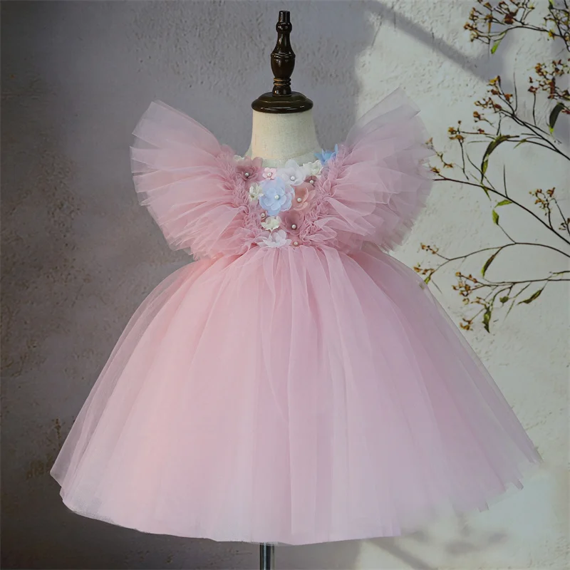 Baby Kids Princess Tulle Pearls Bow Flower Girl Dress Children First Communion Dress Ball Gown Wedding Party Dress Birthday