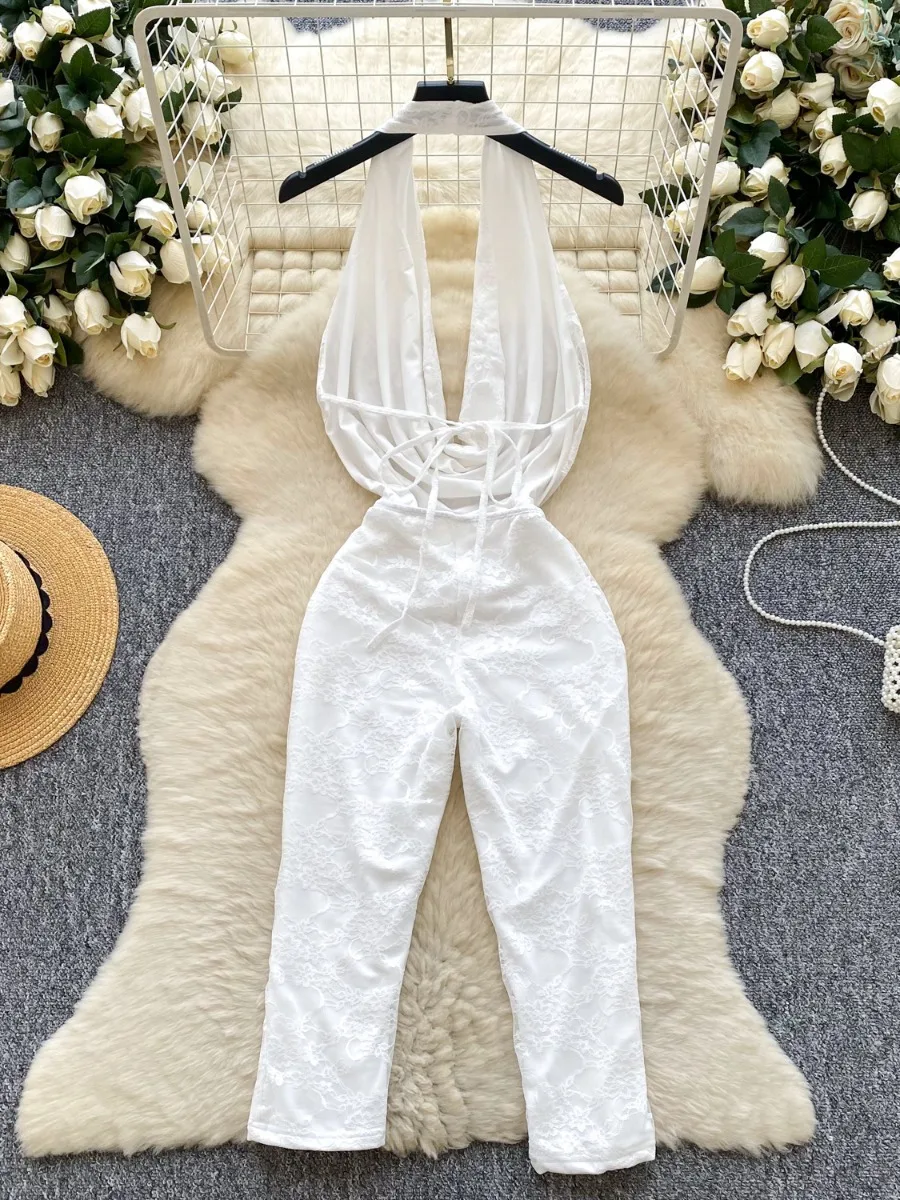 Foamlina 2025 ฤดูร้อนสาวเซ็กซี่ร้อน Cowl คอ Halter สายคล้องลูกไม้กางเกง Jumpsuit ยุโรป High Street ร้อนผู้หญิง bodysuit