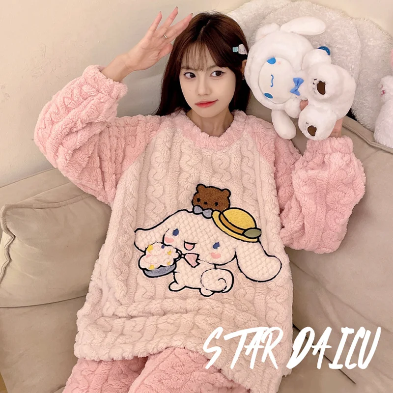 

Sanrio My Melody Cinnamoroll Winter Flannel Round Neck Pajamas Suit Casual And Comfortable To Wear Sweet And Lovely Home Clothes